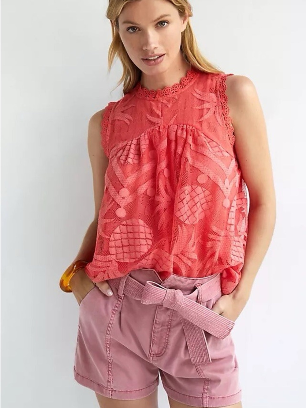 Anthropologie Coral Lace High-Neck Sleeveless Camisole